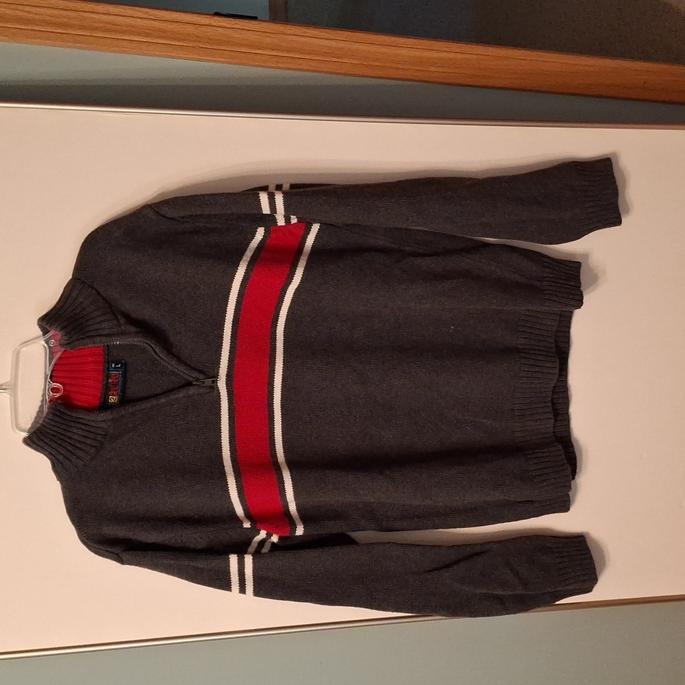 Gray and red zip Vneck sweater